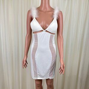 Women's ENVME Sexy Sheer Feather Bridal Lingerie Chemise Nightgowns MD White